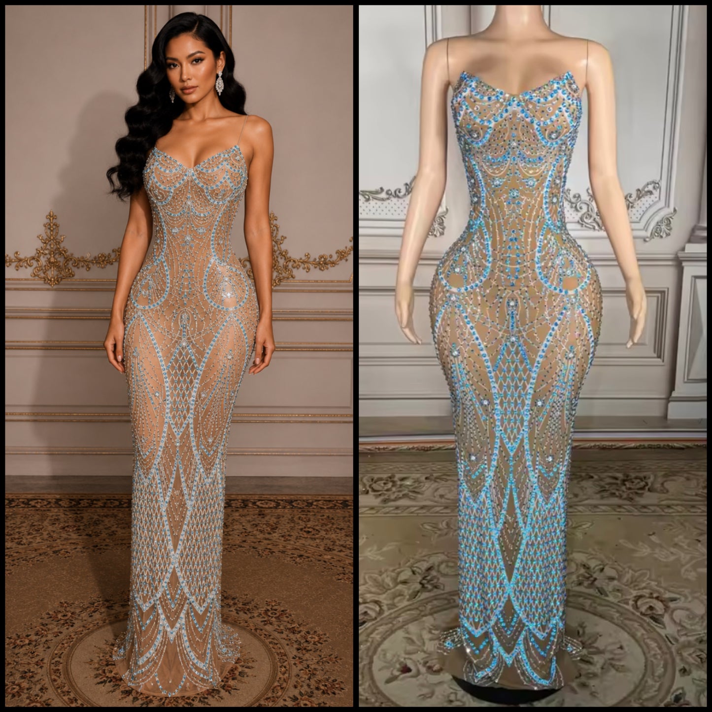 Sexy Strapless Blue Rhinestone See Through Maxi Dress