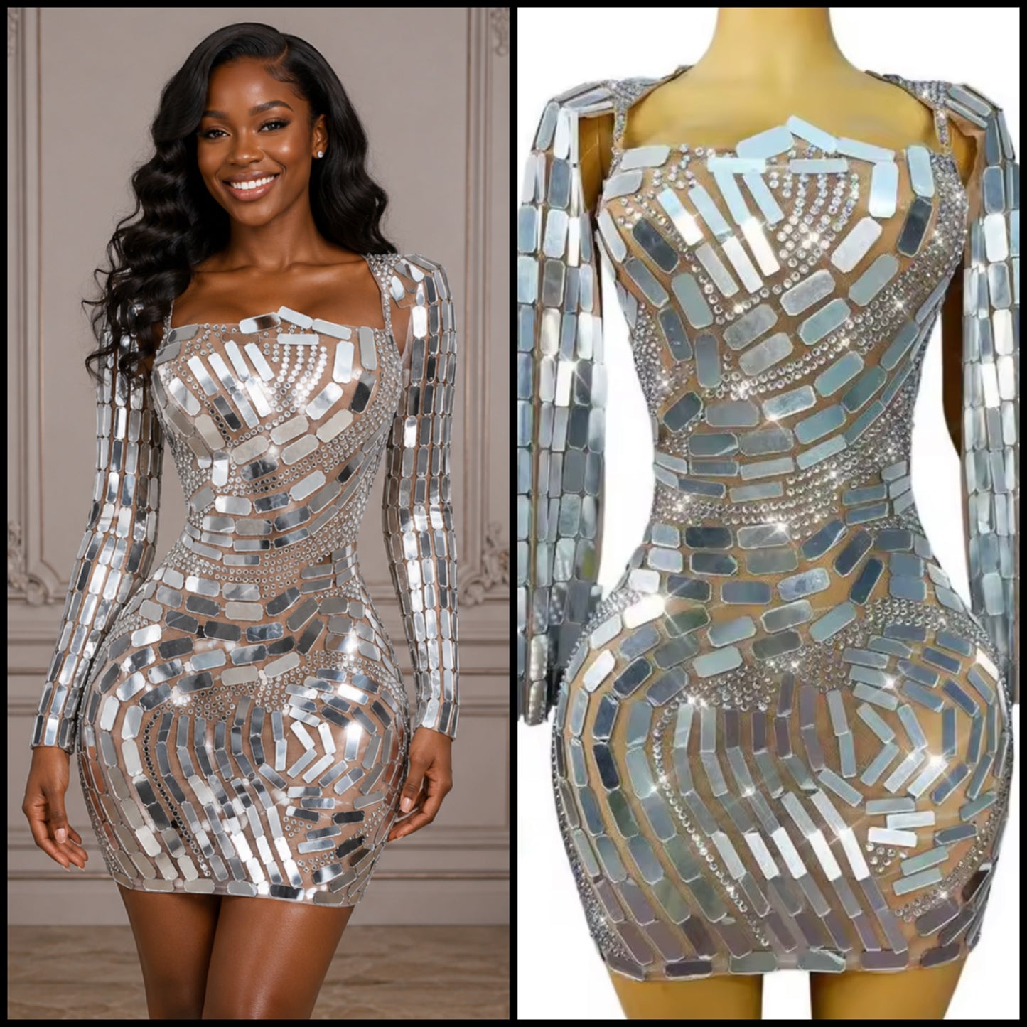 Sexy Mirror Rhinestone Full Sleeve Short Dress