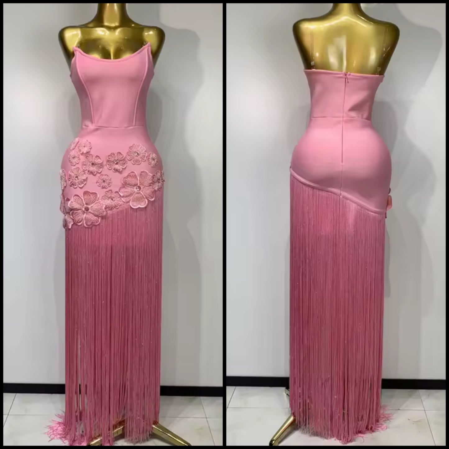 Pink Sleeveless Floral Fringe Tassel Sexy Maxi Dress