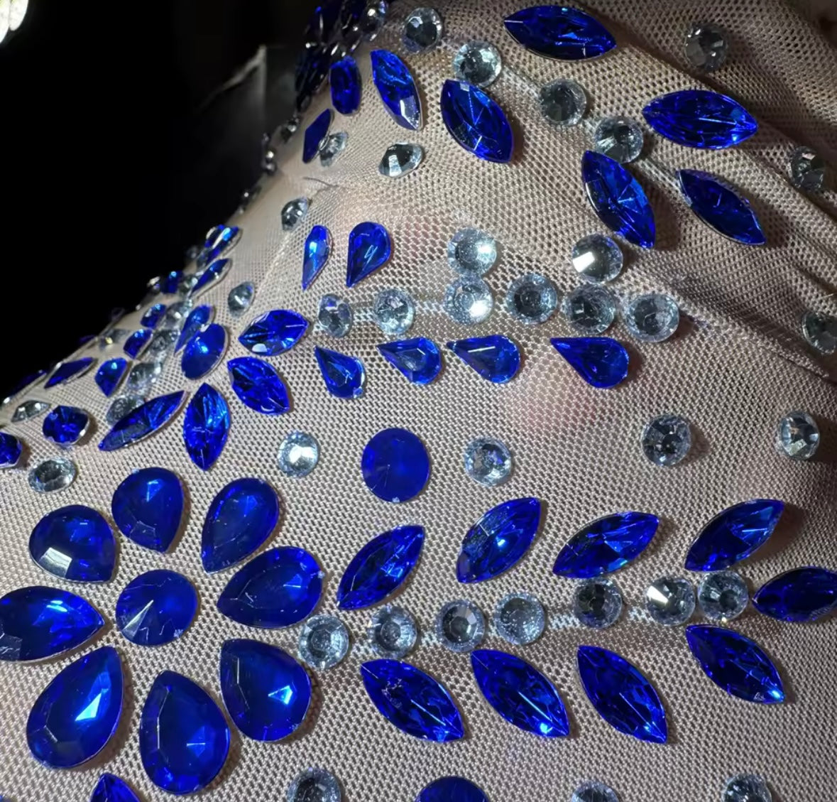 Blue Rhinestone Embellishment See Through Sexy Dress