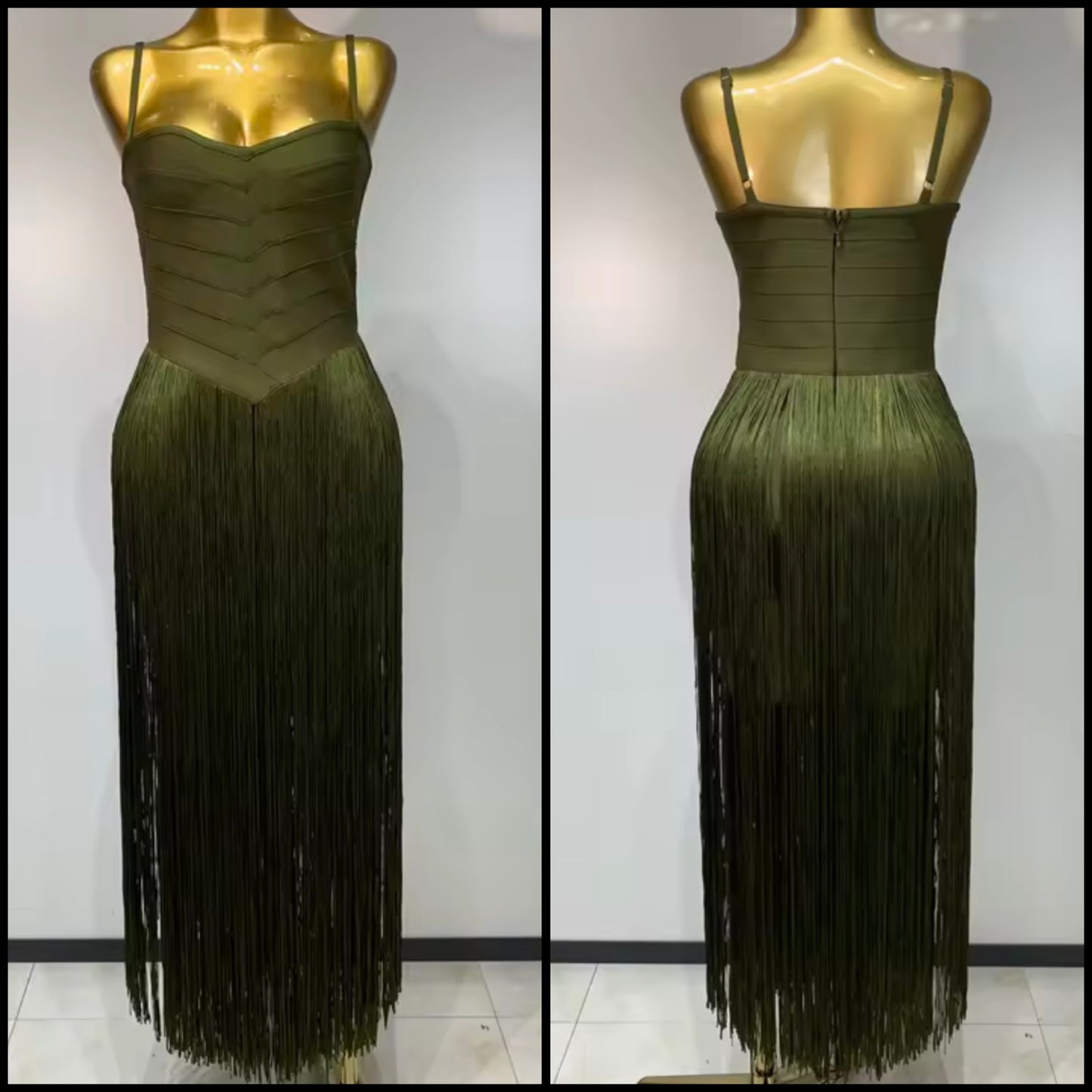 Women Green Sleeveless Fringe Tassel Sexy Maxi Dress