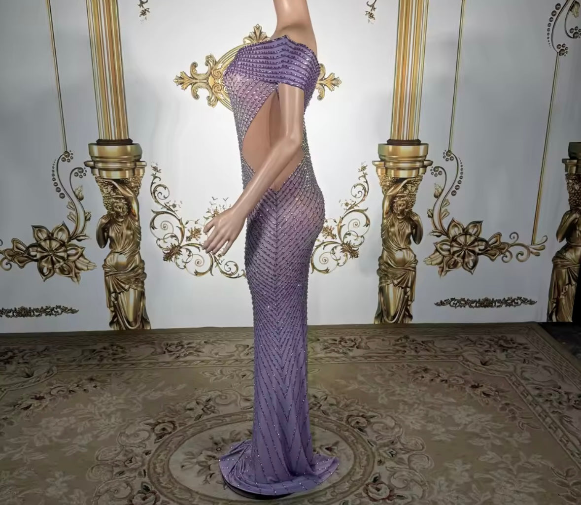 Purple Elegant Off The Shoulder Rhinestone Floor-Length Dress