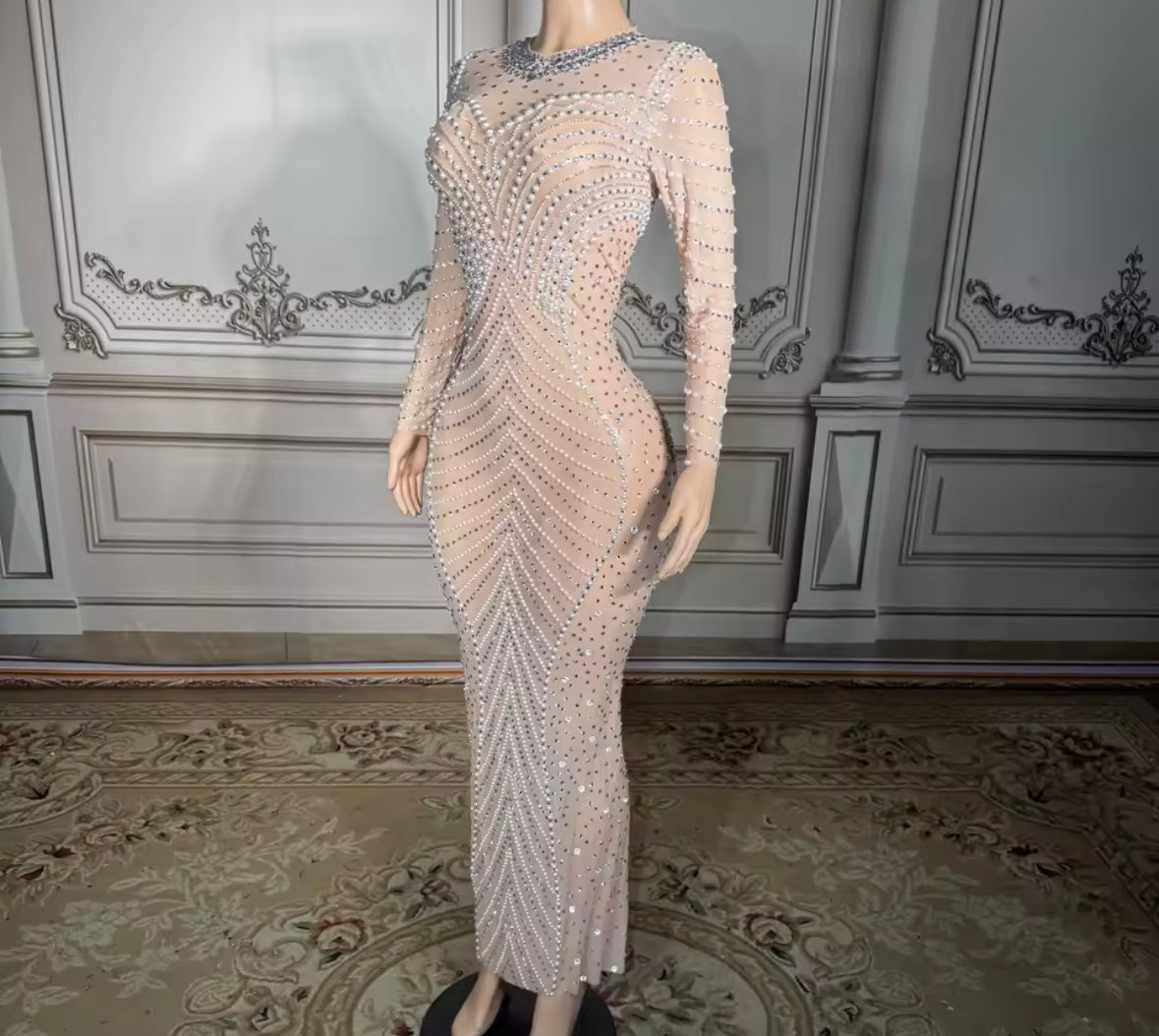 Sexy Pearl Rhinestone See Through Maxi Dress