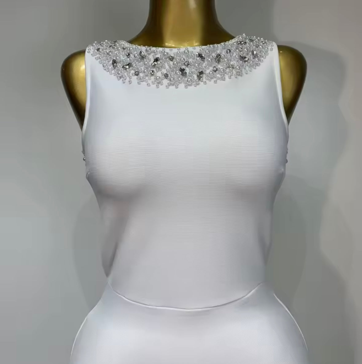Sexy Sleeveless Rhinestone Pearl Open Back Maxi Dress