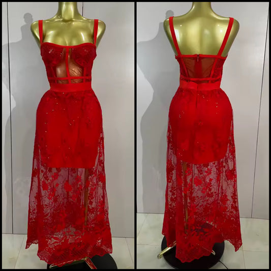 Red Sleeveless Sexy Sequins Maxi Dress