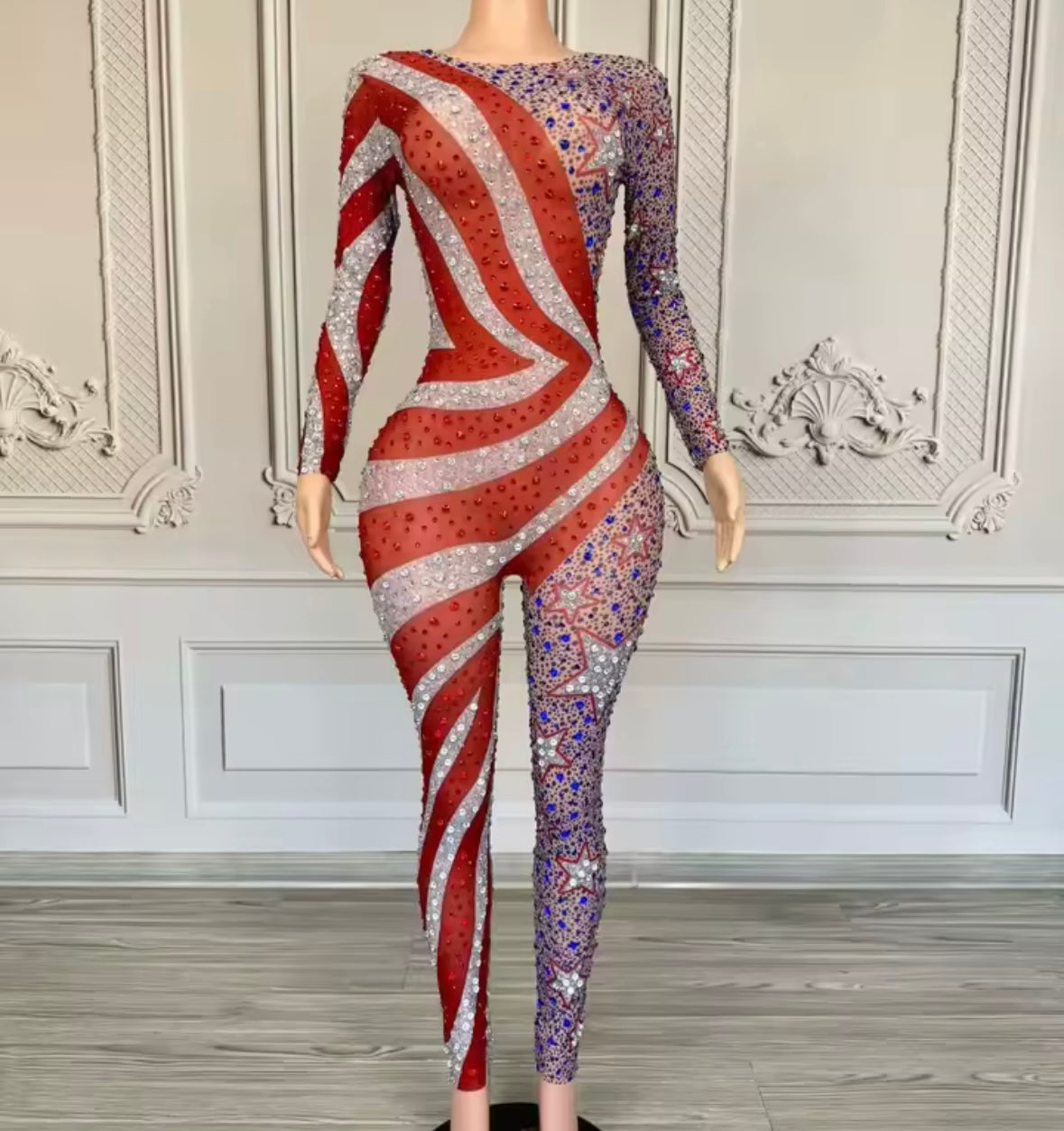 Sexy Striped Star Rhinestone See Through Full Sleeve Jumpsuit
