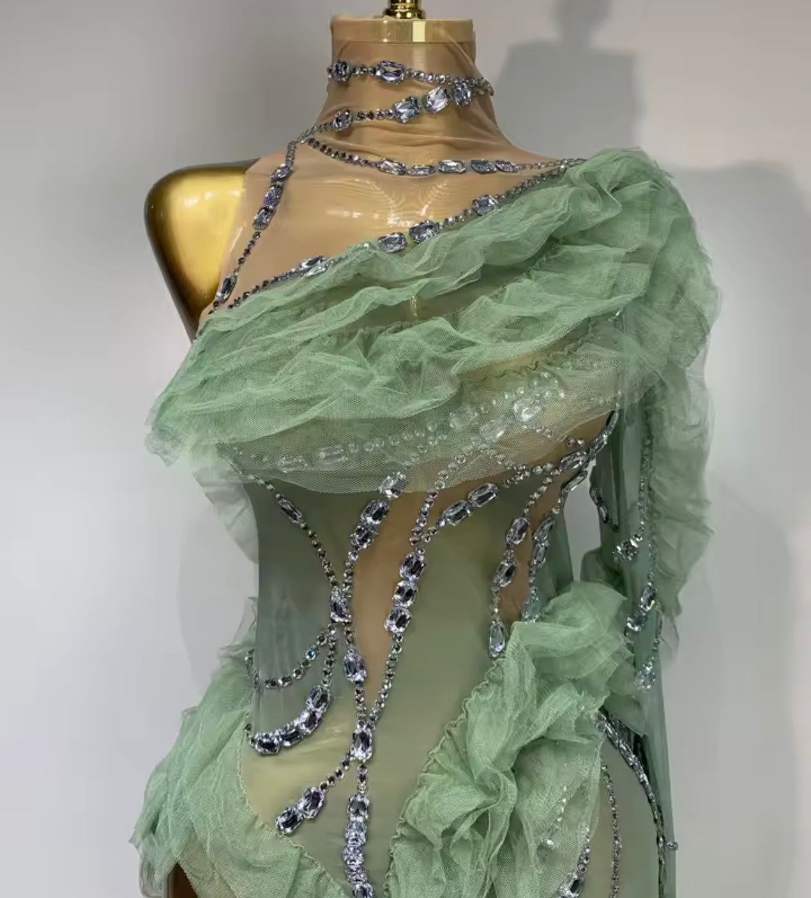 Sexy Green One Shoulder Ruffled Rhinestone See Through Dress