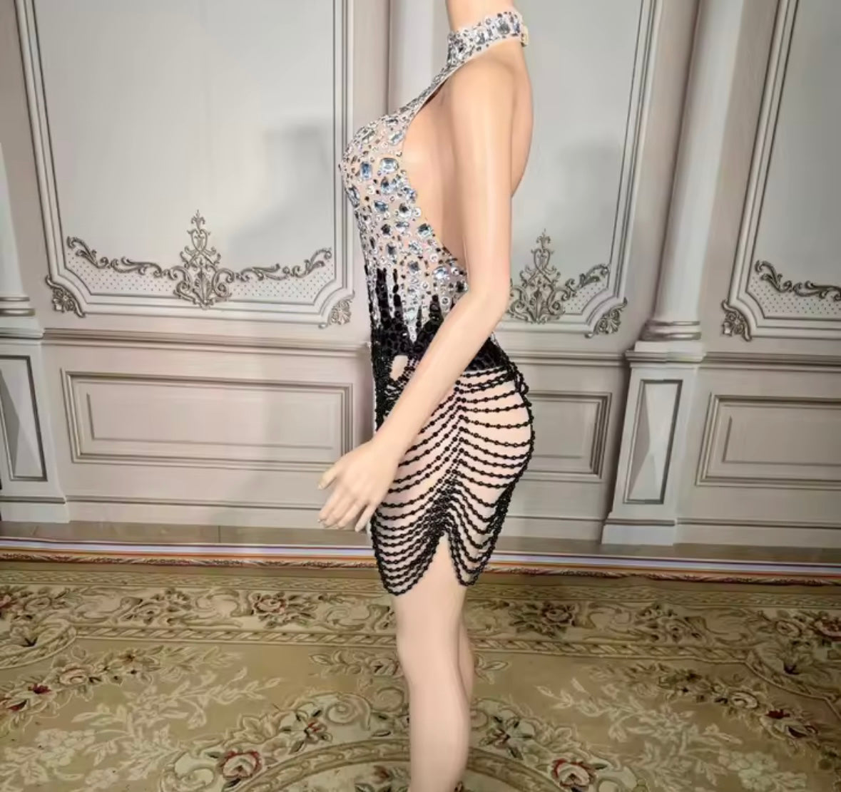 Sexy Halter Open Back Sleeveless Rhinestone Dress