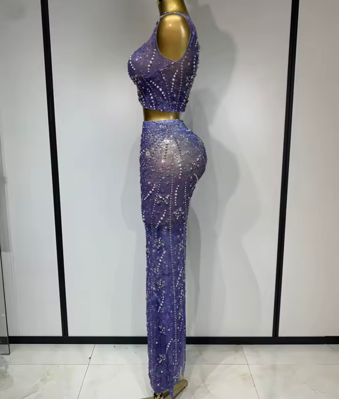 Sexy Sleeveless Rhinestone Beaded Two Piece Maxi Skirt Set