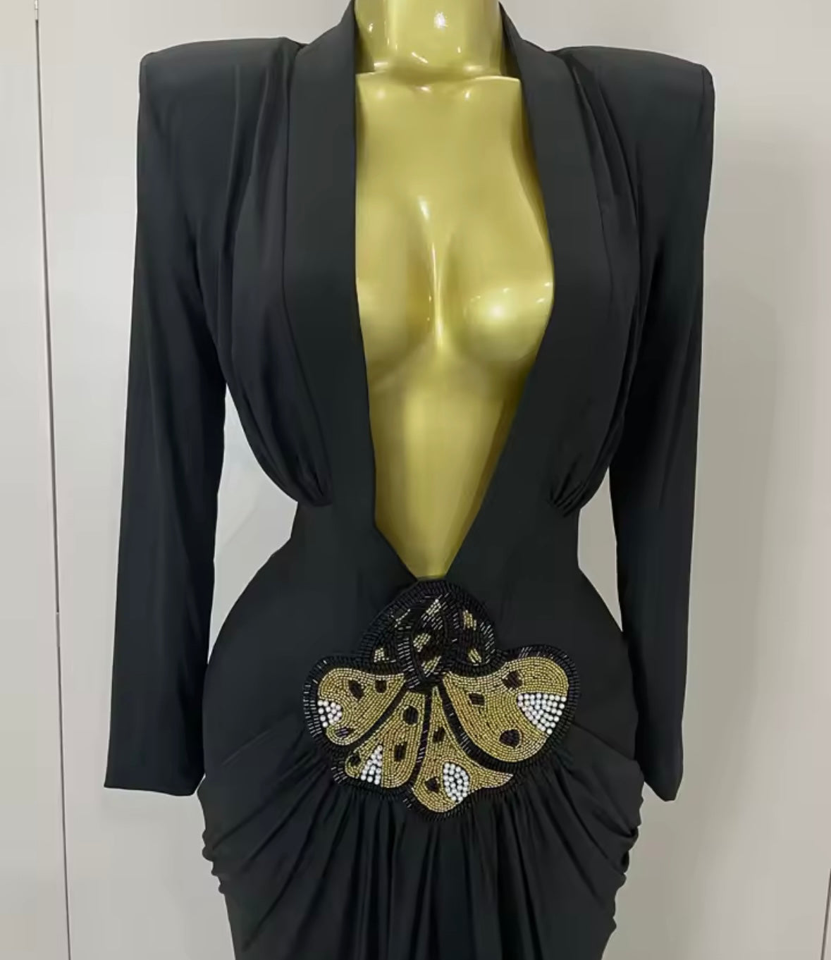 Sexy Black Deep V-Neck Full Sleeve Beaded Maxi Dress