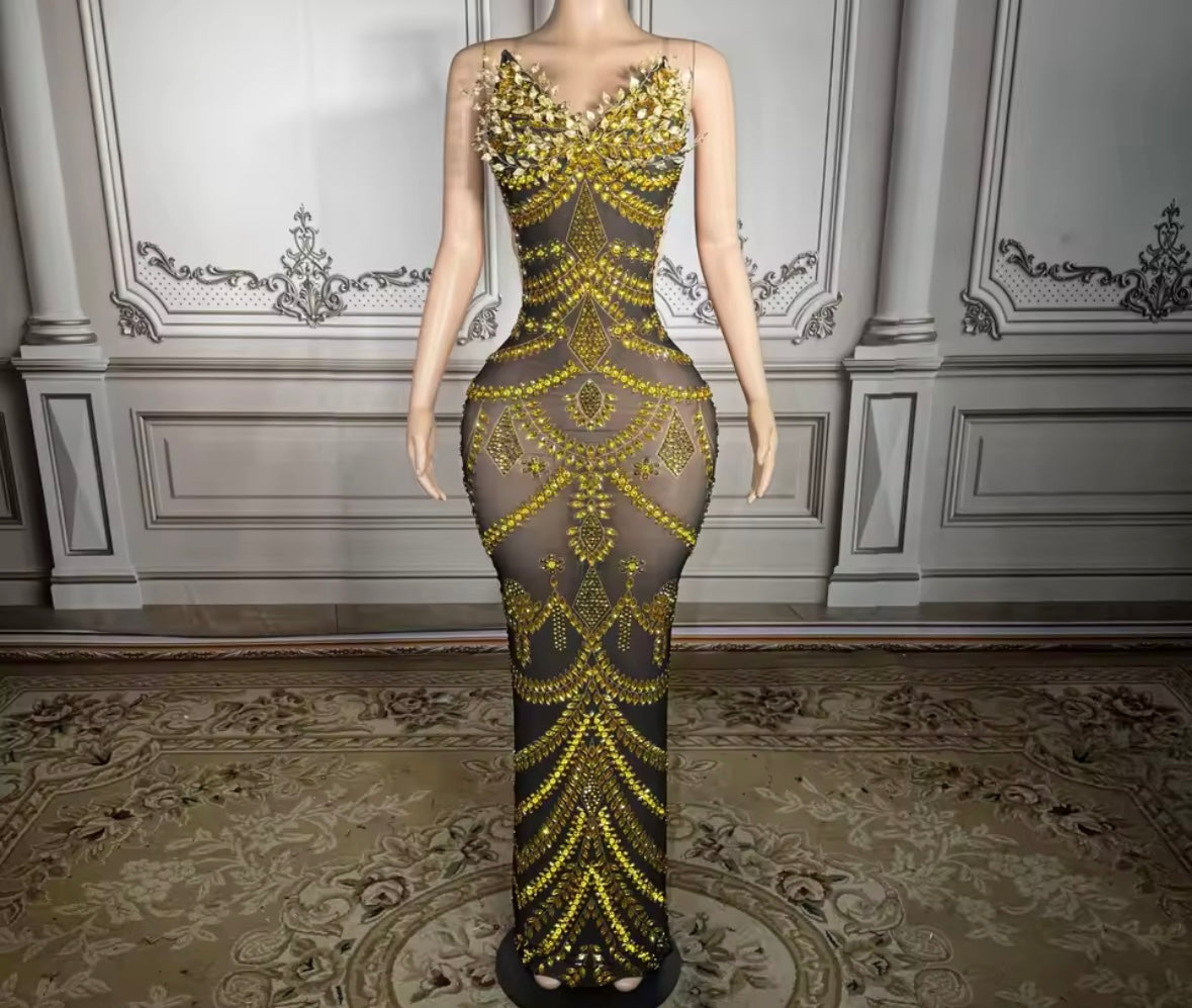 Black Sexy Sleeveless Gold Rhinestone Maxi Dress