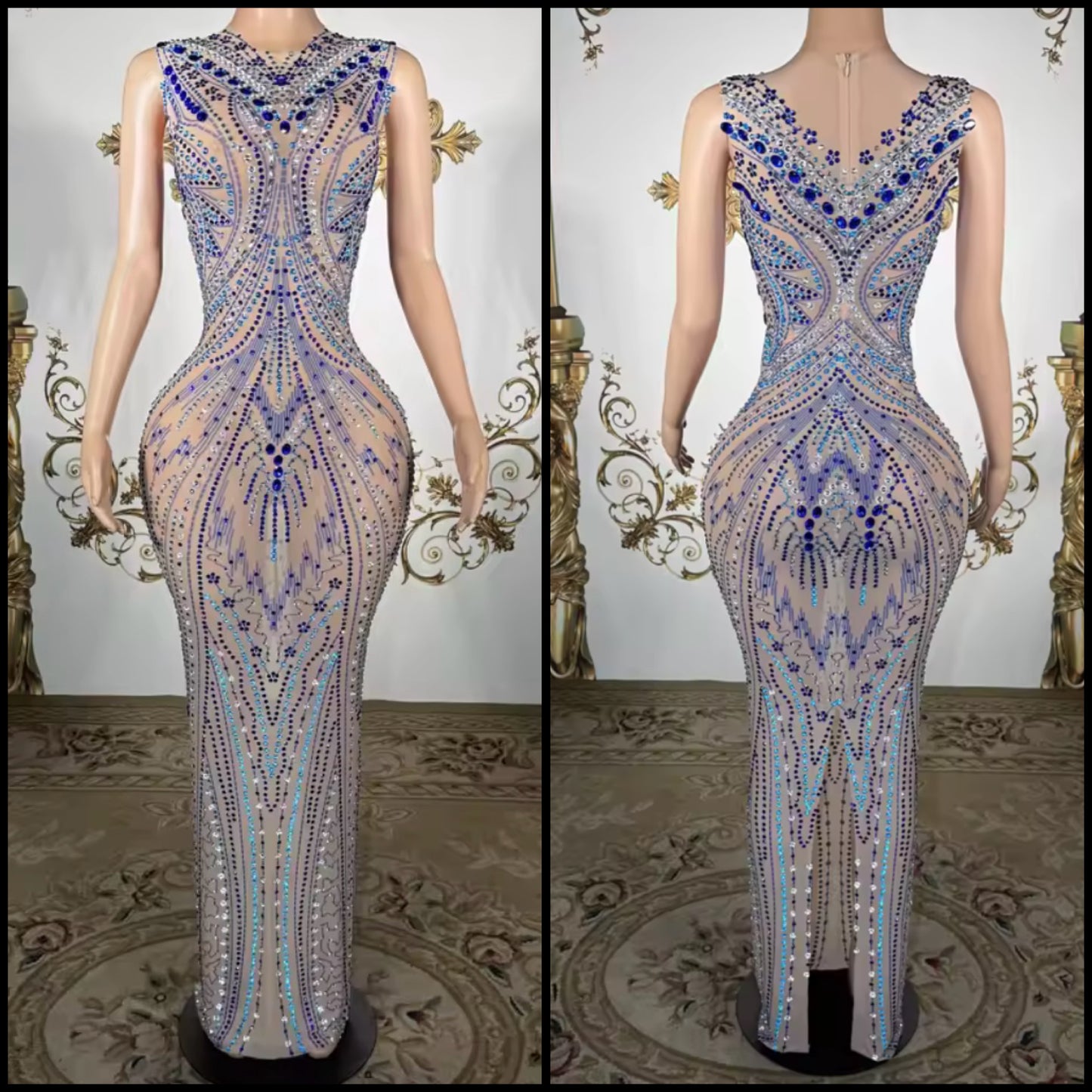 Blue Rhinestone Sleeveless Sexy See Through Maxi Dress