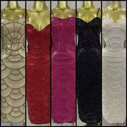 Sexy Sleeveless Pearl Beaded Sequins Hollow Out Dress