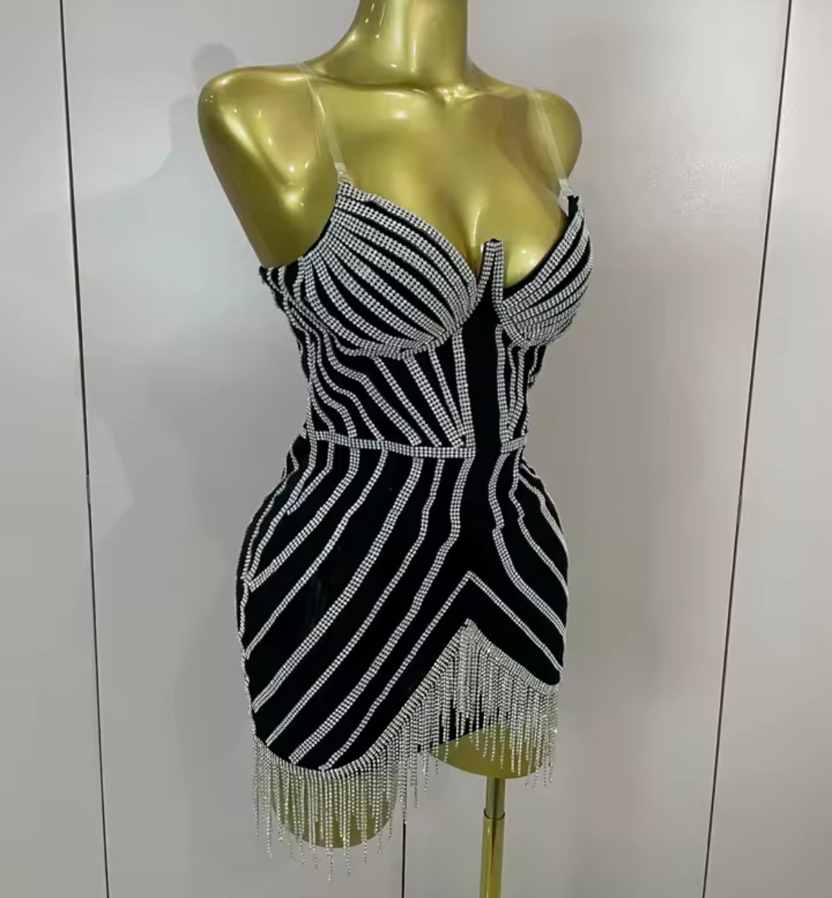 Black Rhinestone Embellishment Tassel Sexy Sleeveless Dress