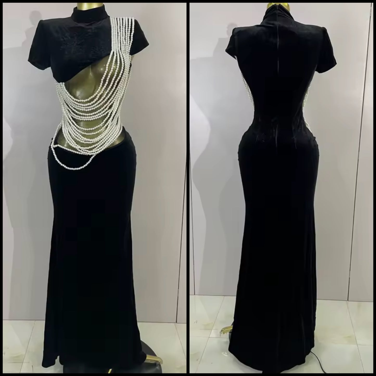 Elegant Black Pearl Short Sleeve Floor-Length Dress