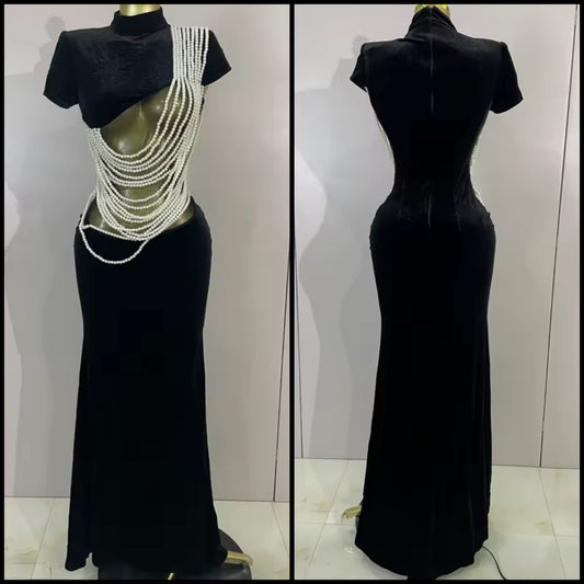 Elegant Black Pearl Short Sleeve Floor-Length Dress