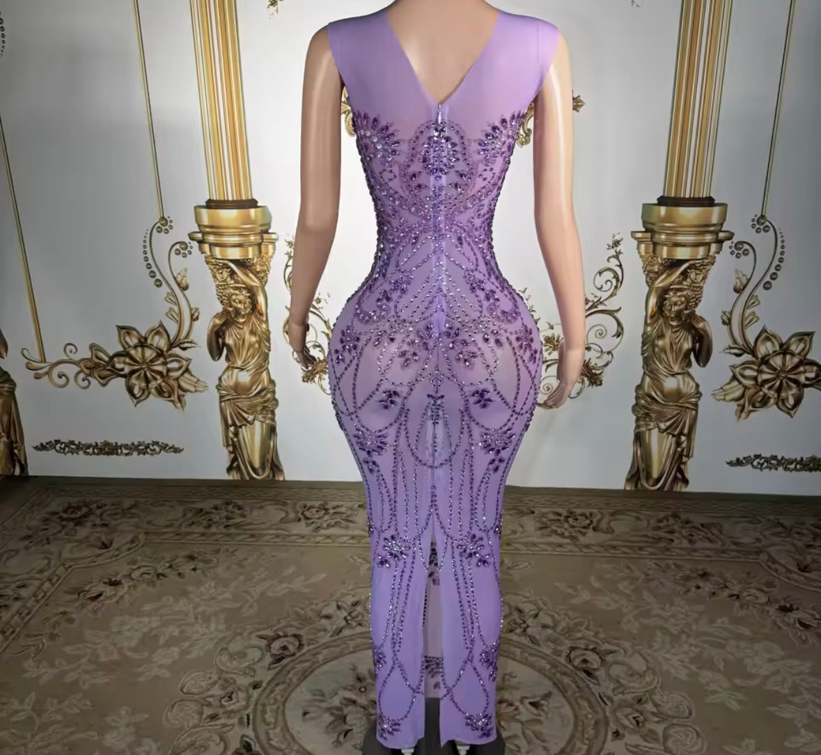 Purple Sleeveless Rhinestone Embellishment Sexy Maxi Dress