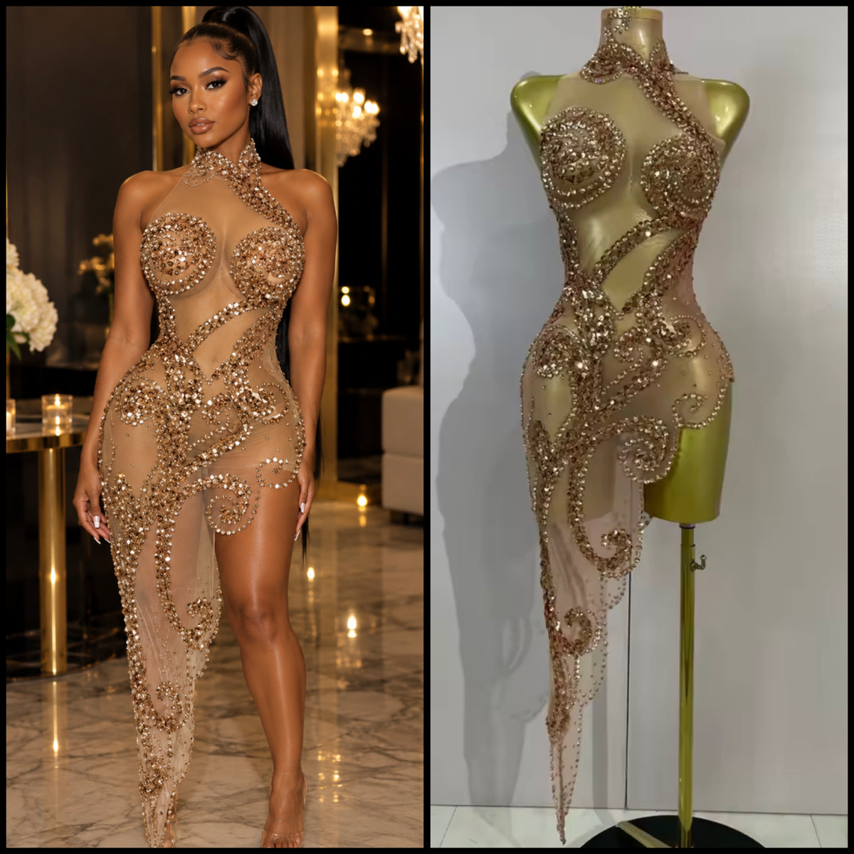 Sexy Sleeveless Rhinestone Sequins Asymmetrical Dress