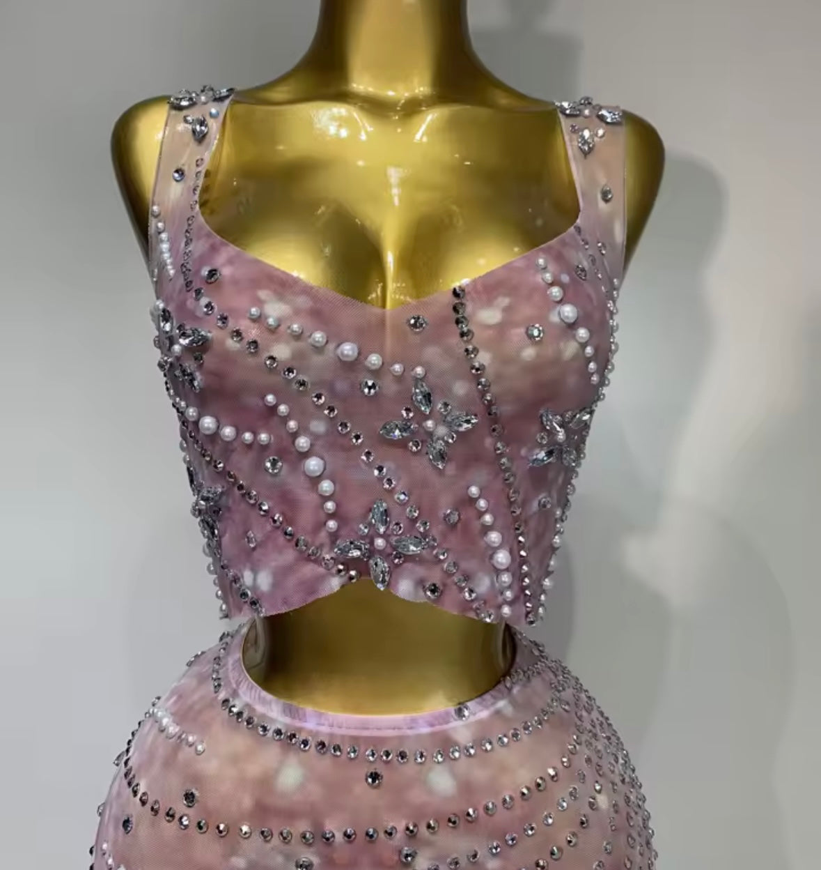 Sexy Sleeveless Rhinestone Beaded Two Piece Maxi Skirt Set