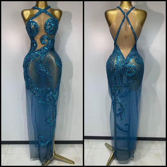 Sleeveless Blue Rhinestone Sequins Mesh Maxi Dress