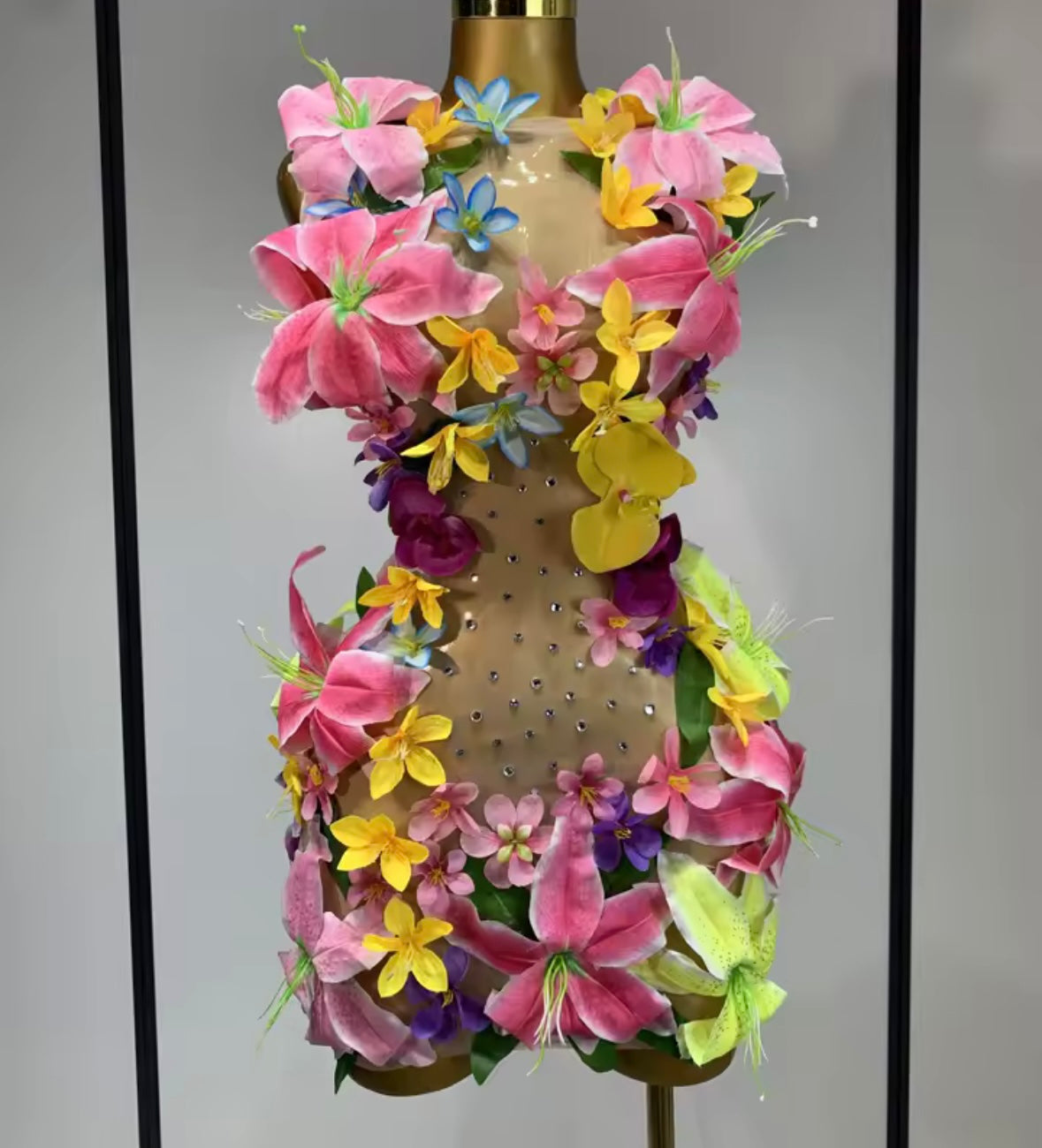 Sleeveless Floral Embellishment Rhinestone Sexy Dress