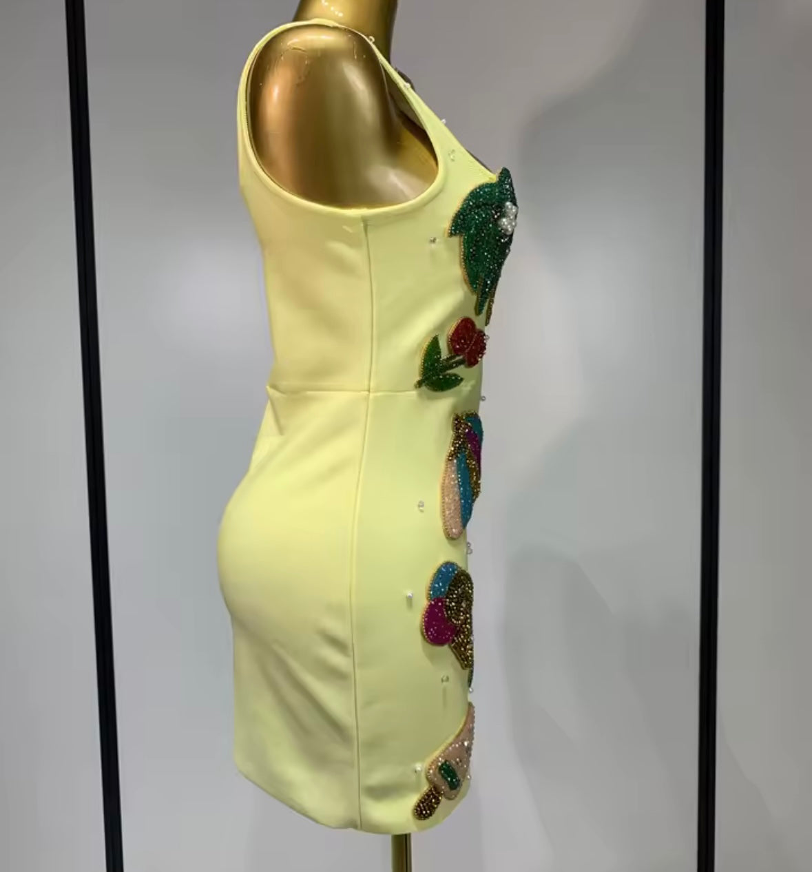 Yellow Sexy Sleeveless Beaded Rhinestone Dress