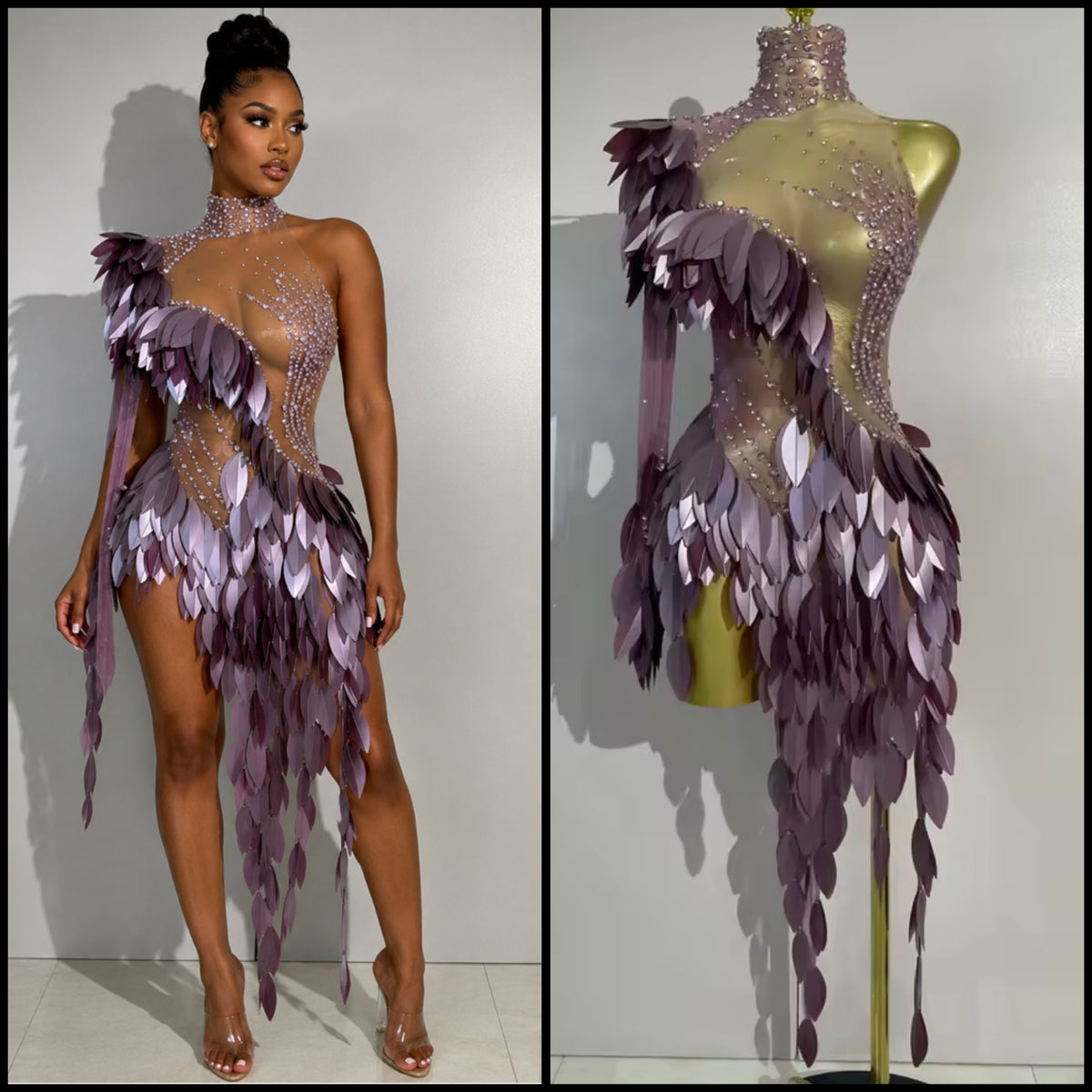 Sexy Purple One Shoulder Sequins Rhinestone Tassel Dress
