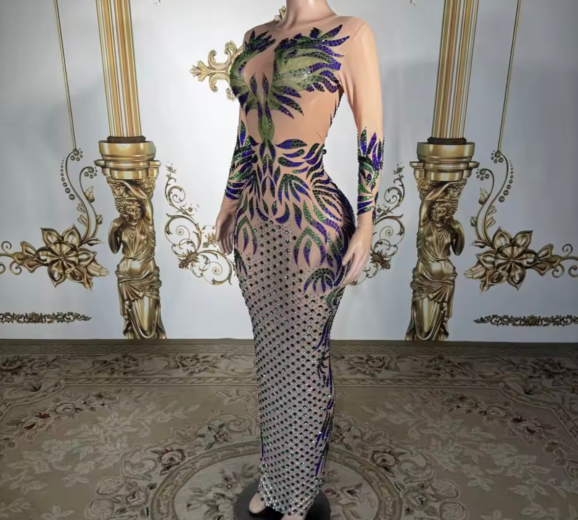 Sexy Colorful Rhinestone Full Sleeve See Through Maxi Dress