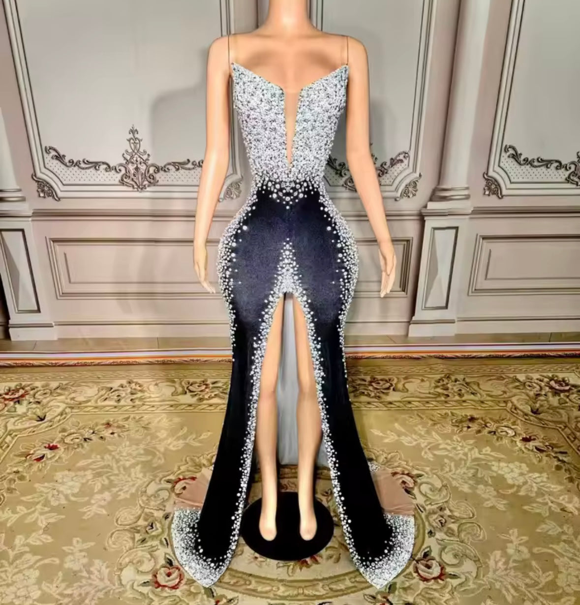 Elegant Sleeveless Rhinestone Front Split Floor-Length Dress