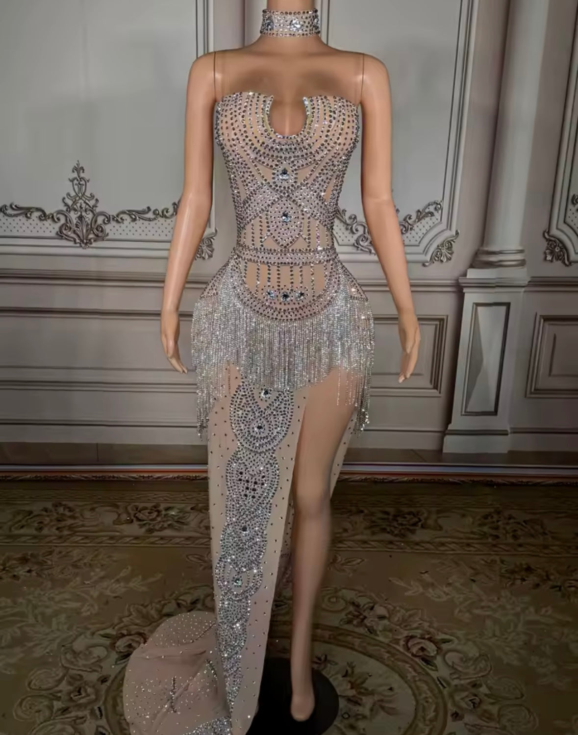 Sexy Choker Sleeveless Side Split Rhinestone Tassel Maxi Dress