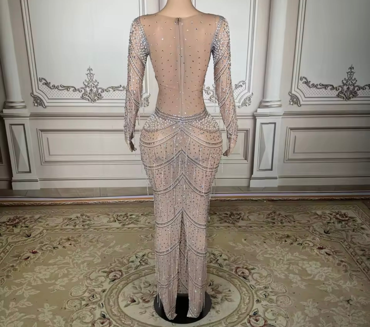 Sexy Pearl Rhinestone Full Sleeve See Through Maxi Dress