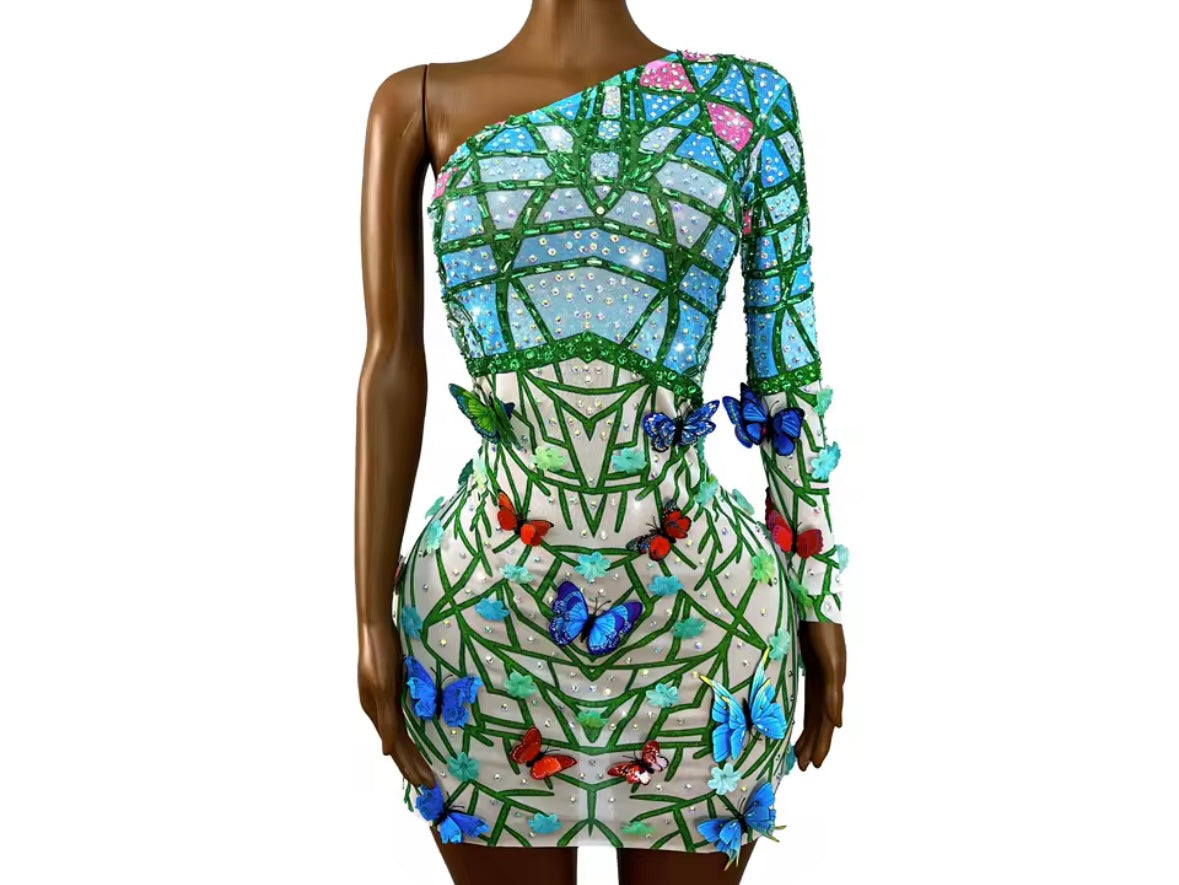 Sexy One Shoulder Full Sleeve Rhinestone Butterfly Printed Dress