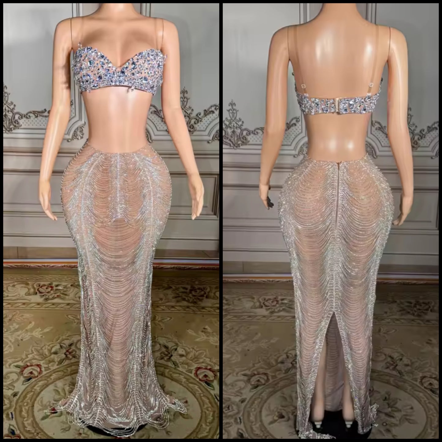 Sexy Sleeveless Rhinestone Chain Maxi Skirt Set