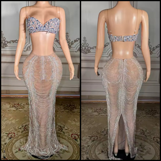 Sexy Sleeveless Rhinestone Chain Maxi Skirt Set