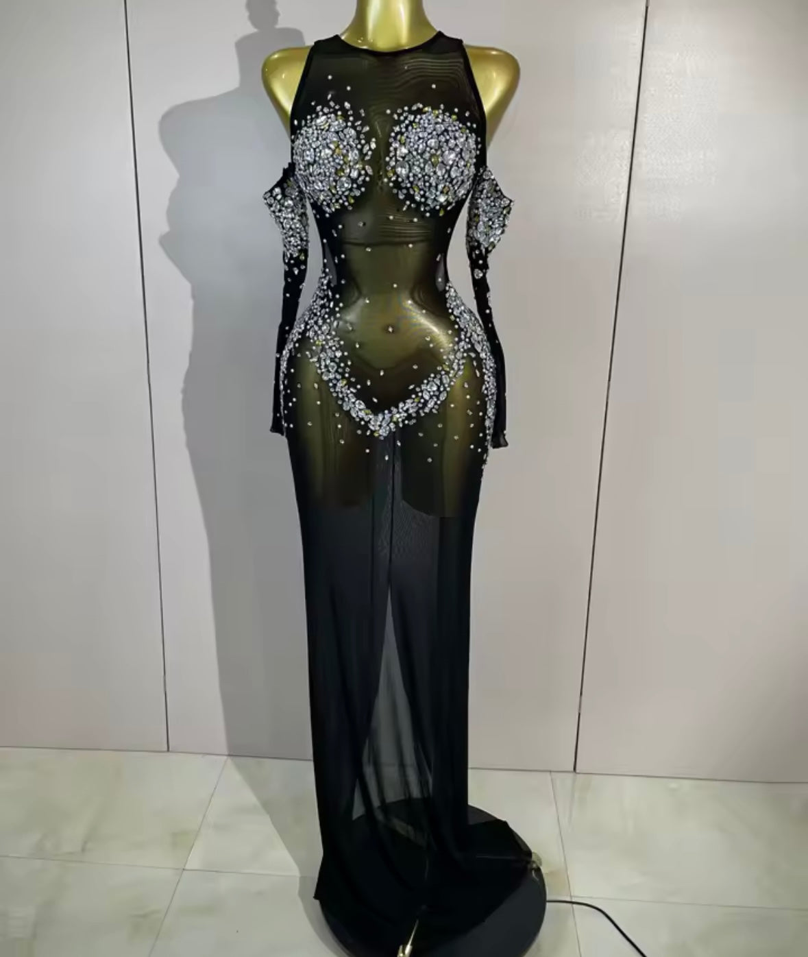 Sexy See Through Rhinestone Embellishment Floor-Length Dress