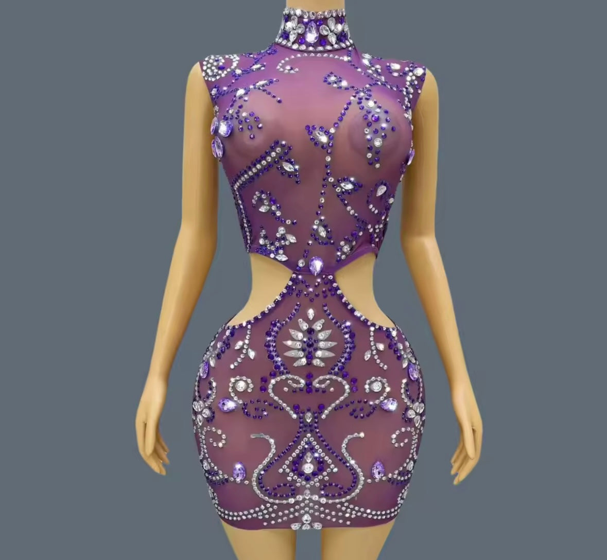 Purple Sleeveless Rhinestone Embellishment Sexy Dress