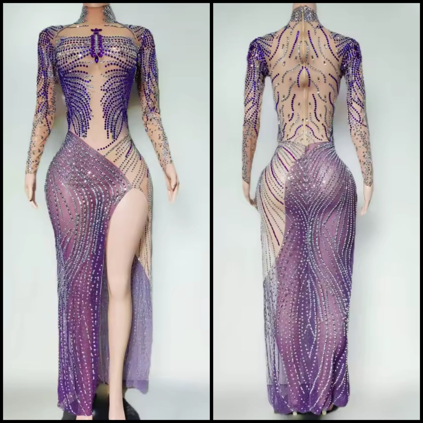 Sexy See Through Purple Rhinestone Side Split Maxi Dress
