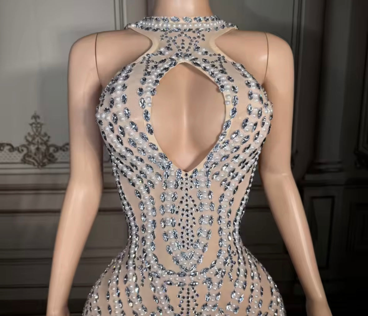 Sexy Sleeveless Pearl Rhinestone See Through Maxi Dress
