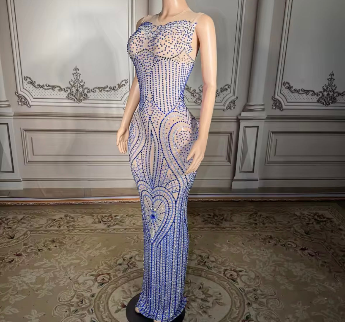 Sexy Sleeveless See Through Blue Rhinestone Embellishment Dress