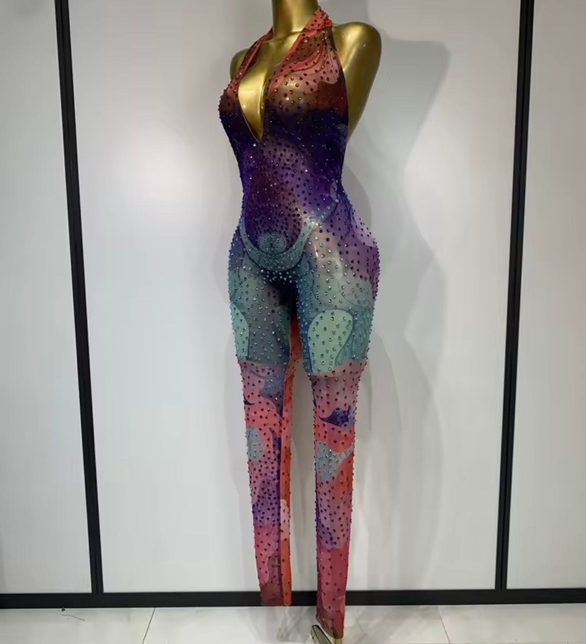Halter Open Back See Through Colorful Rhinestone Jumpsuit