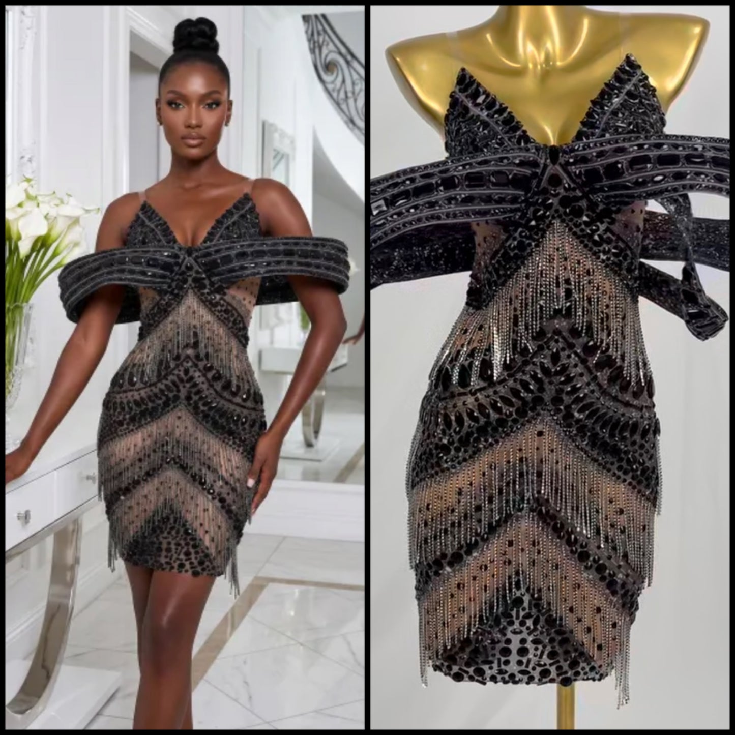 Elegant Beaded Rhinestone Tassel Dress
