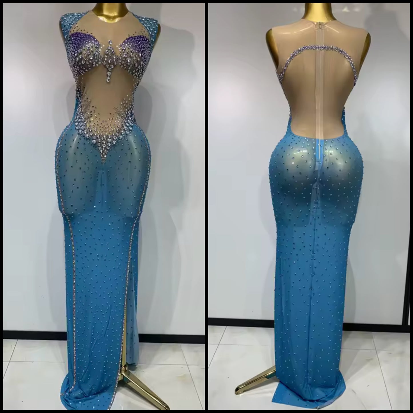 Sexy Blue Sleeveless Rhinestone Embellishment Maxi Dress