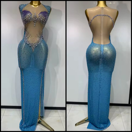 Sexy Blue Sleeveless Rhinestone Embellishment Maxi Dress
