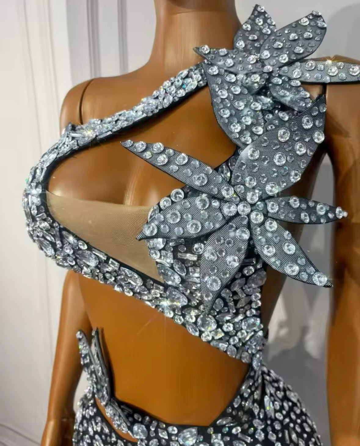 Sexy One Shoulder Sleeveless Floral Rhinestone Side Split Maxi Dress