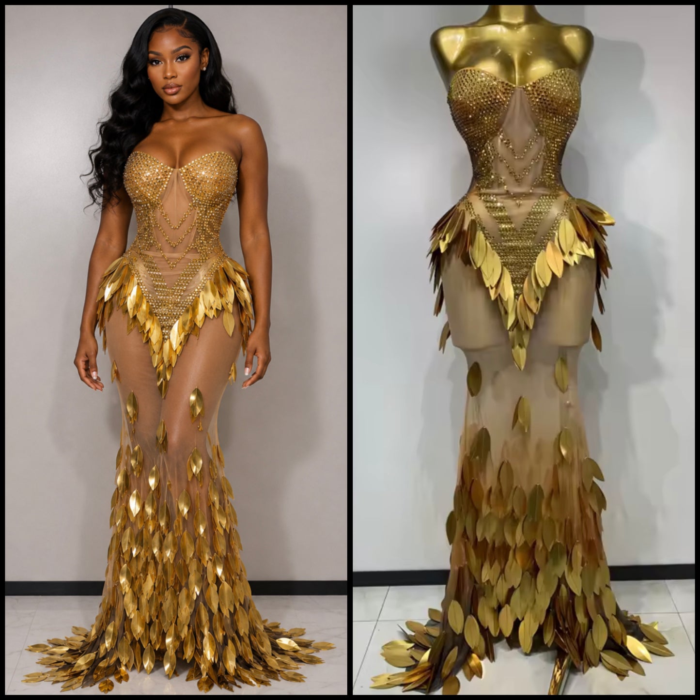 Gold Sexy Strapless Rhinestone Sequins See Through Maxi Dress