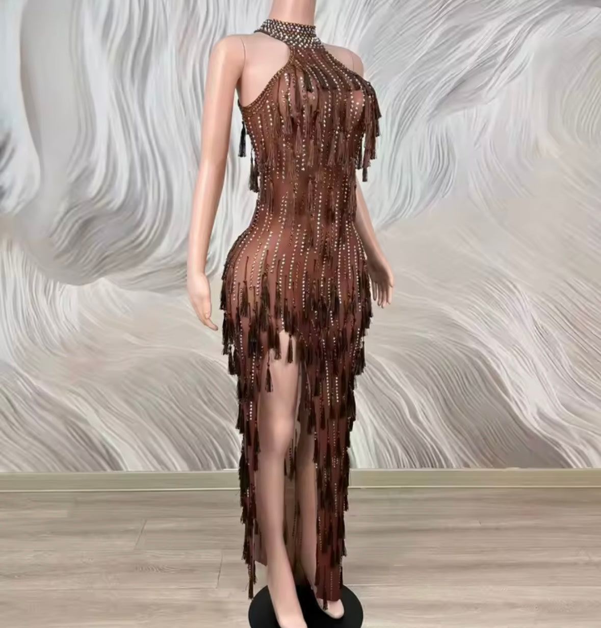 Brown Sexy Sleeveless See Through Rhinestone Tassel Dress