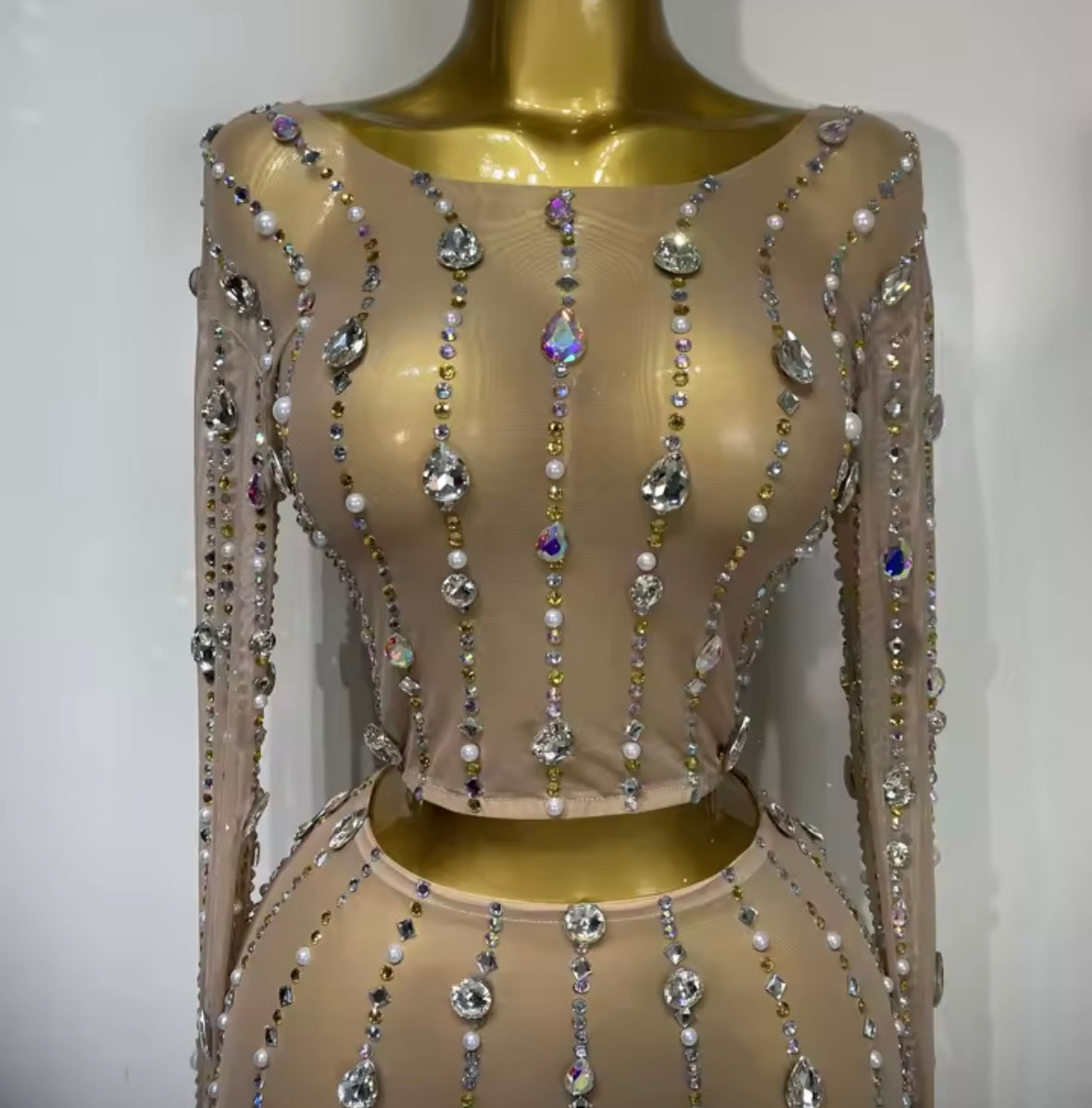 Sexy Beaded Color Crystal Full Sleeve Mesh Two Piece Maxi Skirt Set