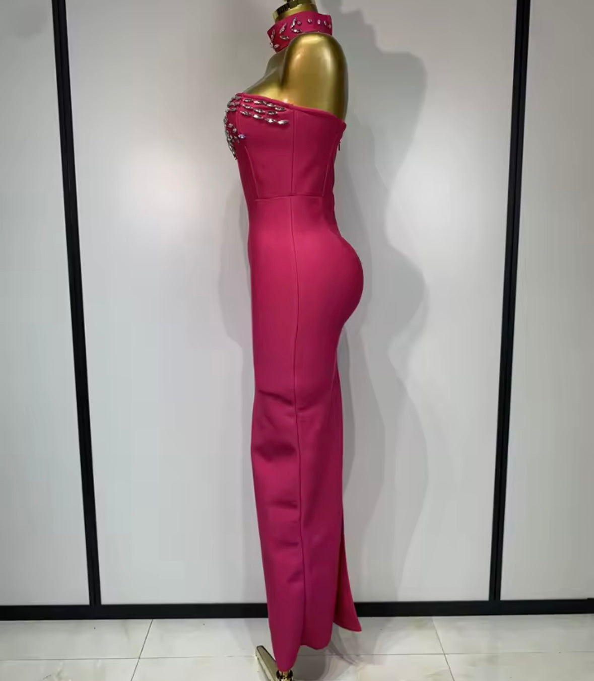 Pink Choker Strapless Sexy Rhinestone Maxi Dress