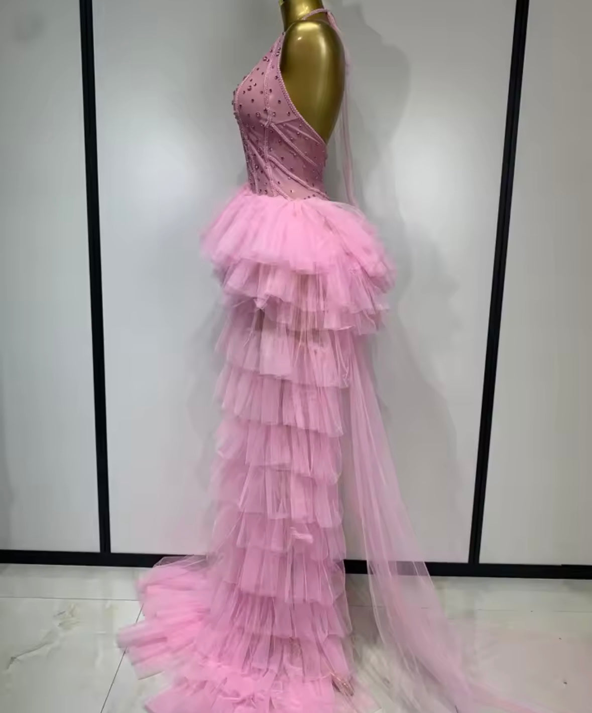 Pink Halter Sleeveless Crystal Ruffle Sexy Floor-Length Dress