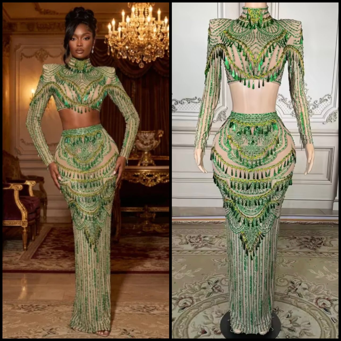 Green Sexy See Through Full Sleeve Rhinestone Tassel Skirt Set